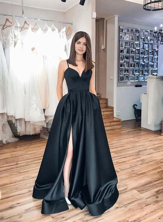 Black camisole long dress with deep V-neckline and high slit on the side hem, suitable for dinners, dances, etc by YiHuiw