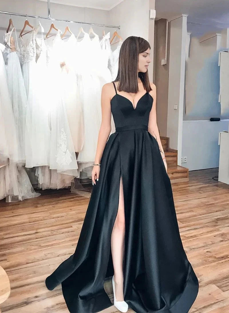 Black camisole long dress with deep V-neckline and high slit on the side hem, suitable for dinners, dances, etc by YiHuiw