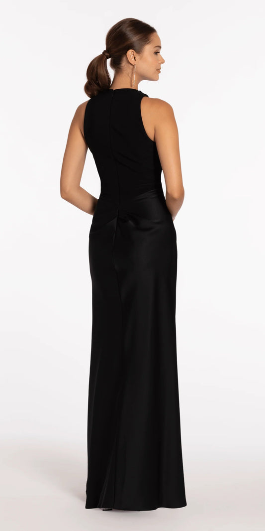 Black evening dress with cowl neck, satin twist detail, and floor-length mermaid skirt