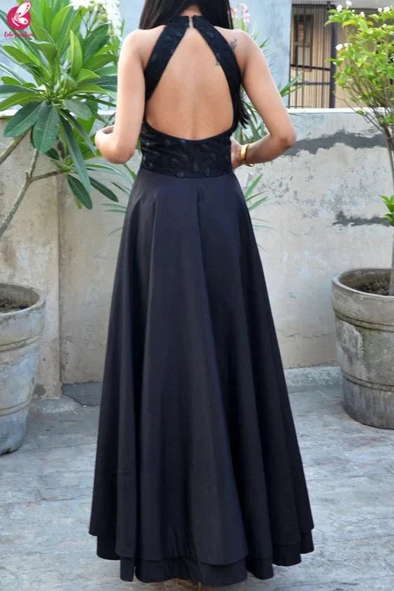 Black long dress, high neck sleeveless, upper body lace patchwork suitable for dinners, parties, etc by YiHuiw