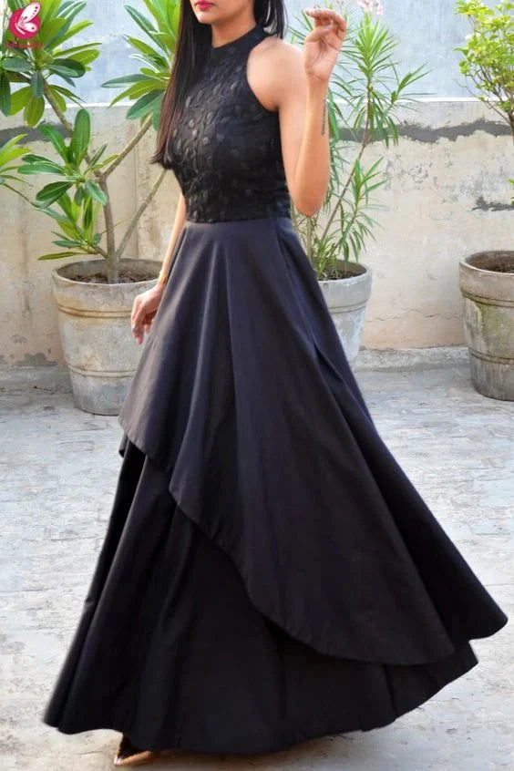 Black long dress, high neck sleeveless, upper body lace patchwork suitable for dinners, parties, etc by YiHuiw