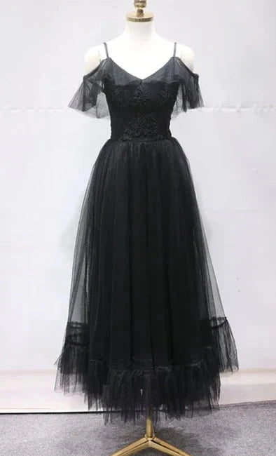 Black off shoulder long dress with suspender design, featuring sheer ruffles on the off shoulder for formal occasions such as dinners and parties by YiHuiw