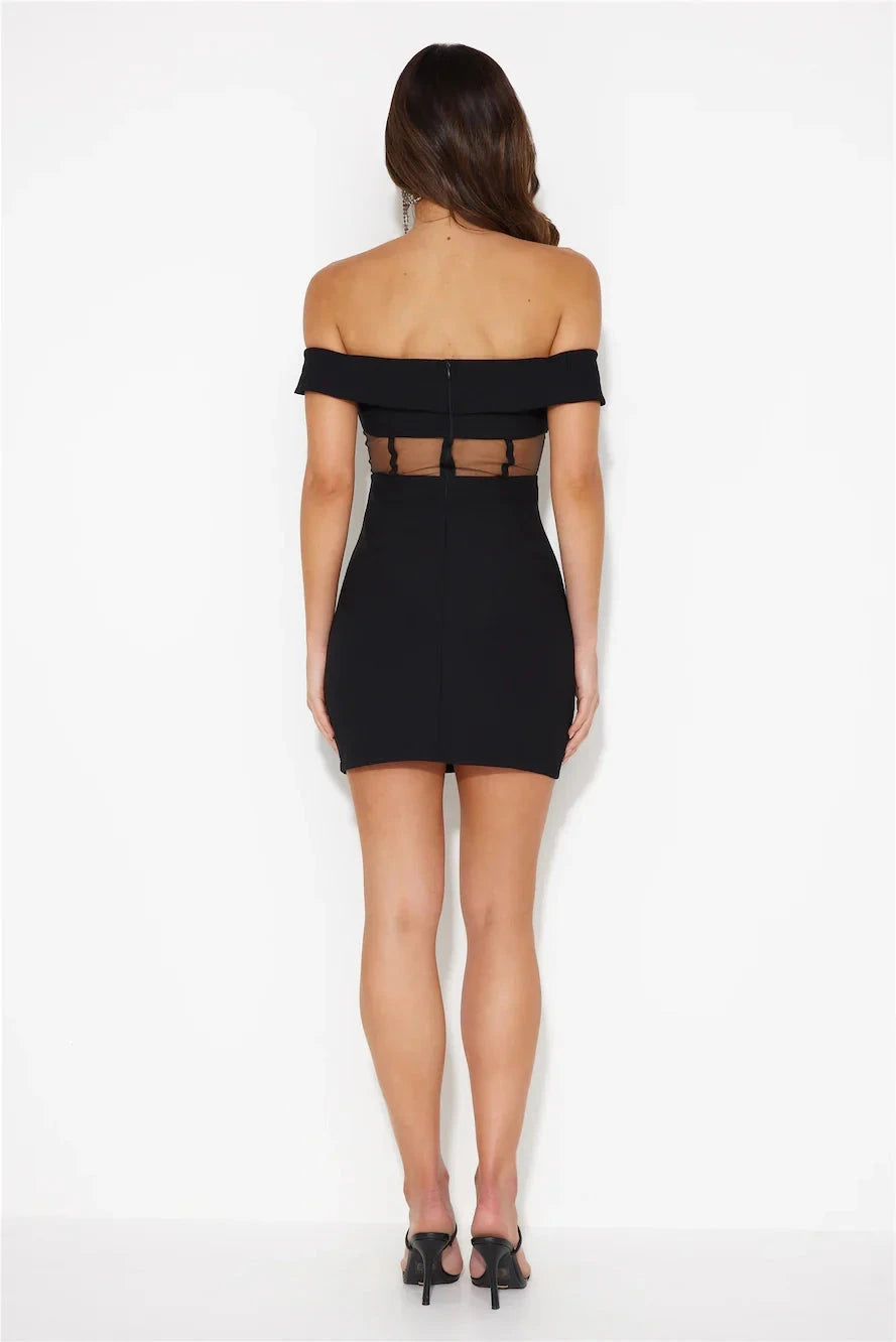 Black off shoulder short dress with off shoulder design and mesh stitching at the waist, suitable for parties, dates, etc by YiHuiw
