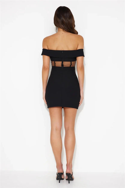 Black off shoulder short dress with off shoulder design and mesh stitching at the waist, suitable for parties, dates, etc by YiHuiw