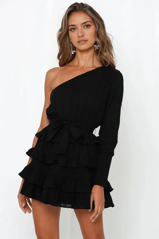 Black one shoulder dress with single-sided long sleeves, featuring a multi-layered ruffle edge design at the hem, suitable for parties, dates, and other occasions by YiHuiw