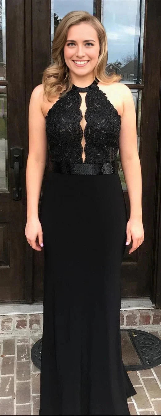 Black sleeveless long dress with a hanging neck design and exquisite lace and sequin decorations on the upper body, suitable for dinners, dances, etc by YiHuiw