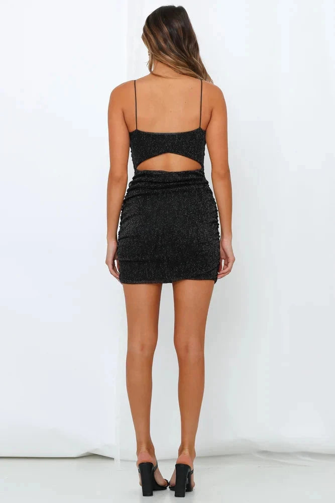 Black sparkling spaghetti strap dress with square neckline design, suitable for parties, dates and other occasions, by YiHuiw