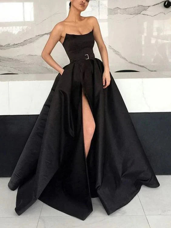 Black strapless dress with high waist and metal buckle belt suitable for occasions such as dinners and dances by YiHuiw