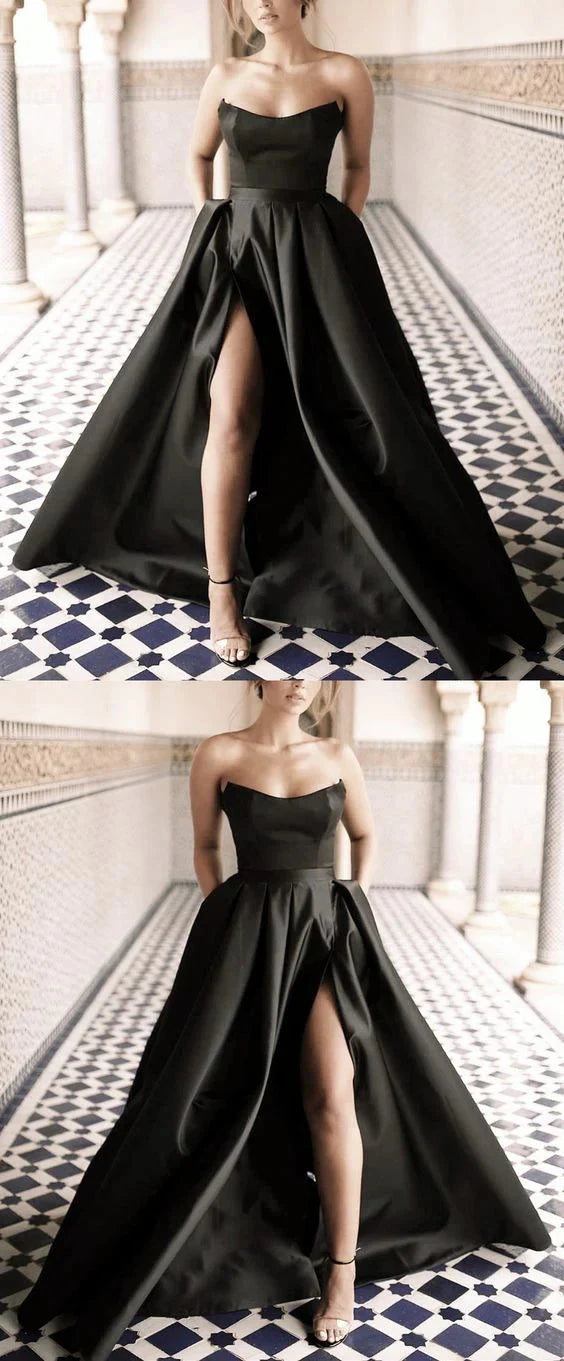 Black strapless long dress with strapless design and high slit on the side, suitable for dinners, parties, etc by YiHuiw