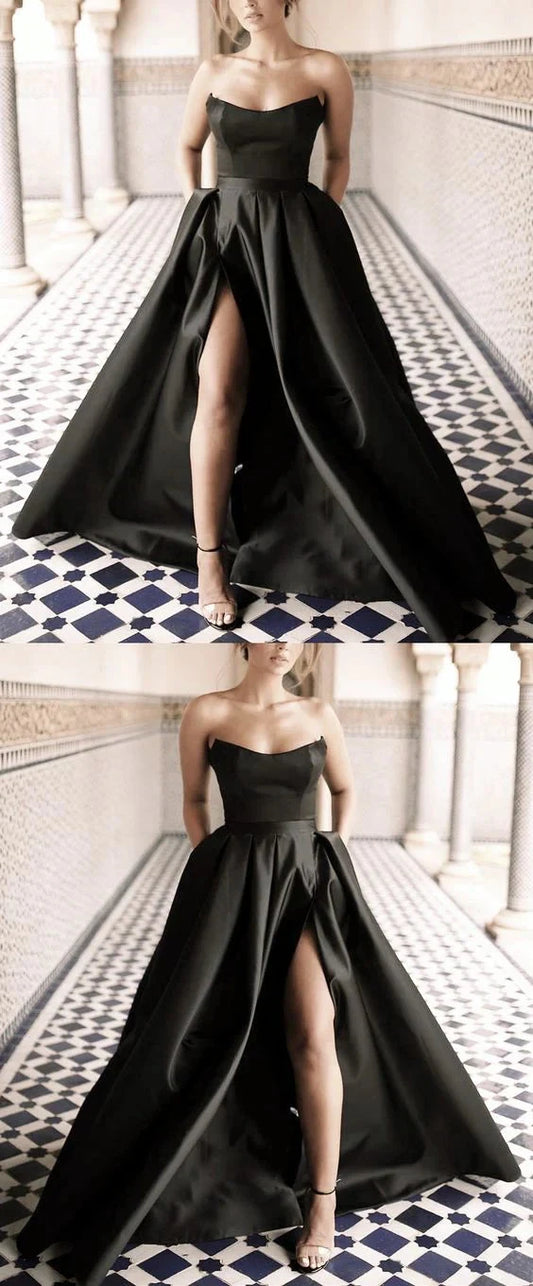 Black strapless long dress with strapless design and high slit on the side, suitable for dinners, parties, etc by YiHuiw