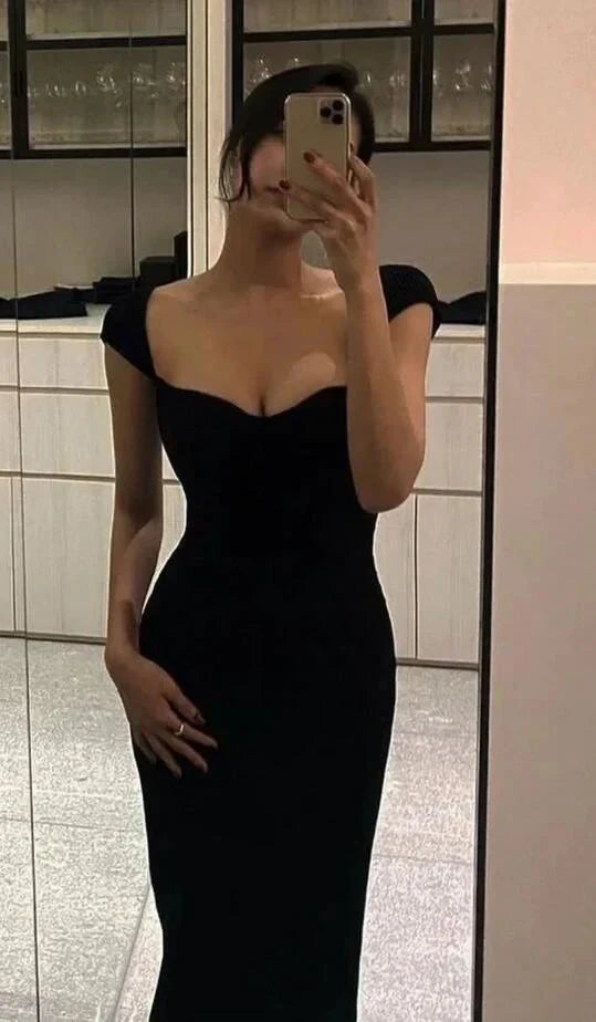 Black tight fitting dress with square neckline and off shoulder design suitable for dinners, parties, and other occasions by YiHuiw