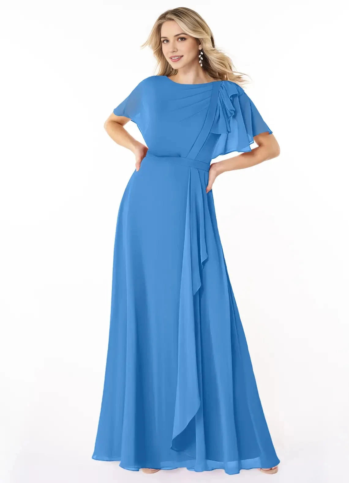 Blue Chiffon Maxi with Ruffled Shoulder and Belted Waist Scoop Pleated Floor-Length Dress Blue Jay Bridesmaid Dresses by YiHuiw