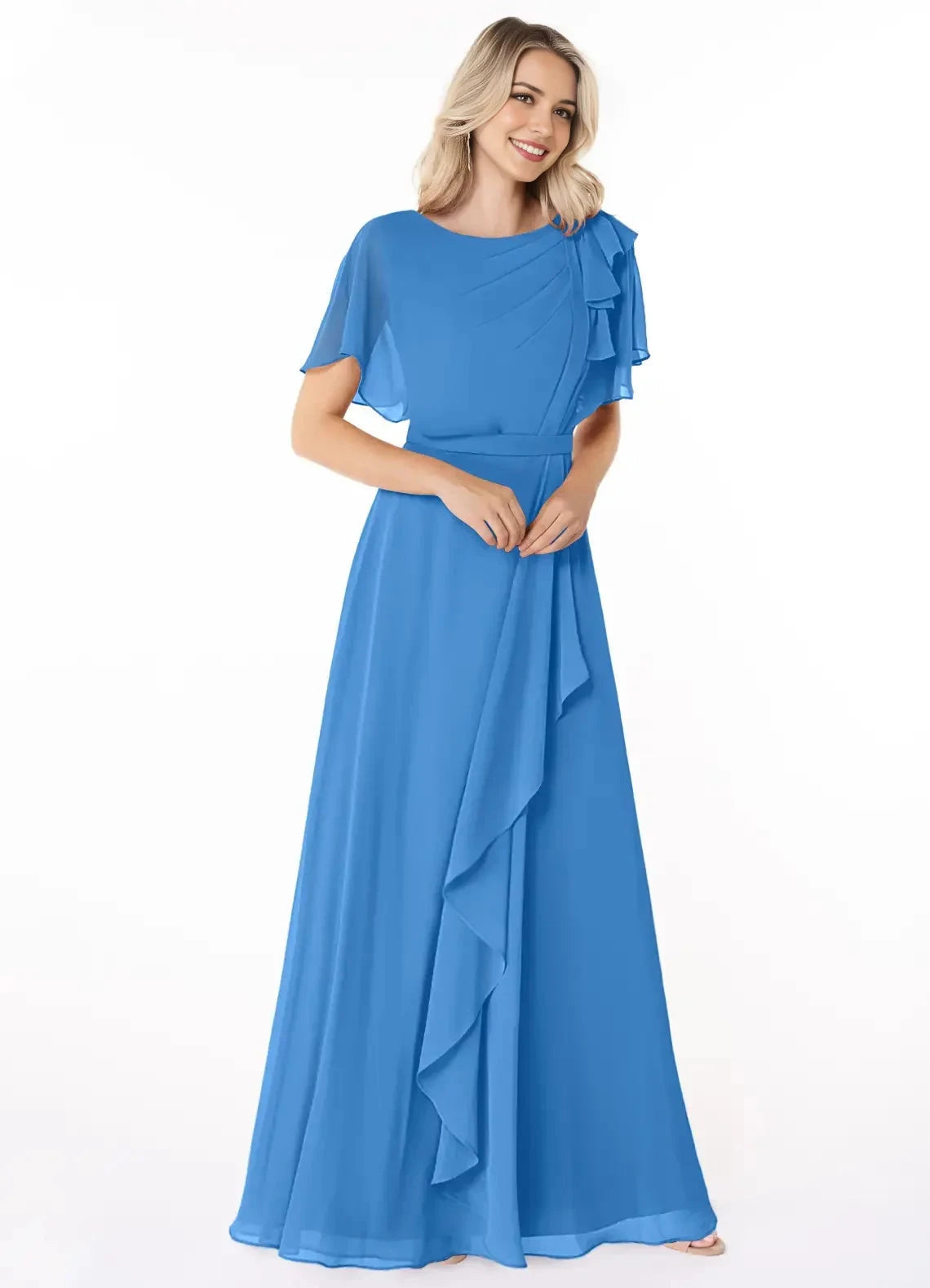 Blue Chiffon Maxi with Ruffled Shoulder and Belted Waist Scoop Pleated Floor-Length Dress Blue Jay Bridesmaid Dresses by YiHuiw