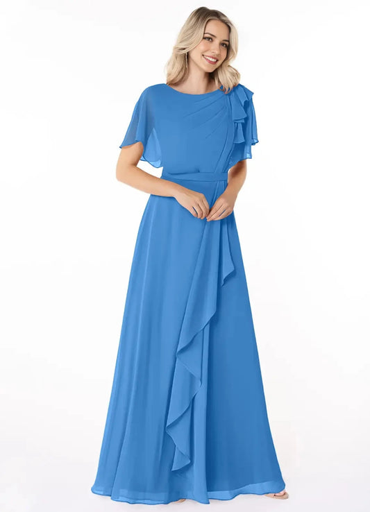 Blue Chiffon Maxi with Ruffled Shoulder and Belted Waist Scoop Pleated Floor-Length Dress Blue Jay Bridesmaid Dresses by YiHuiw