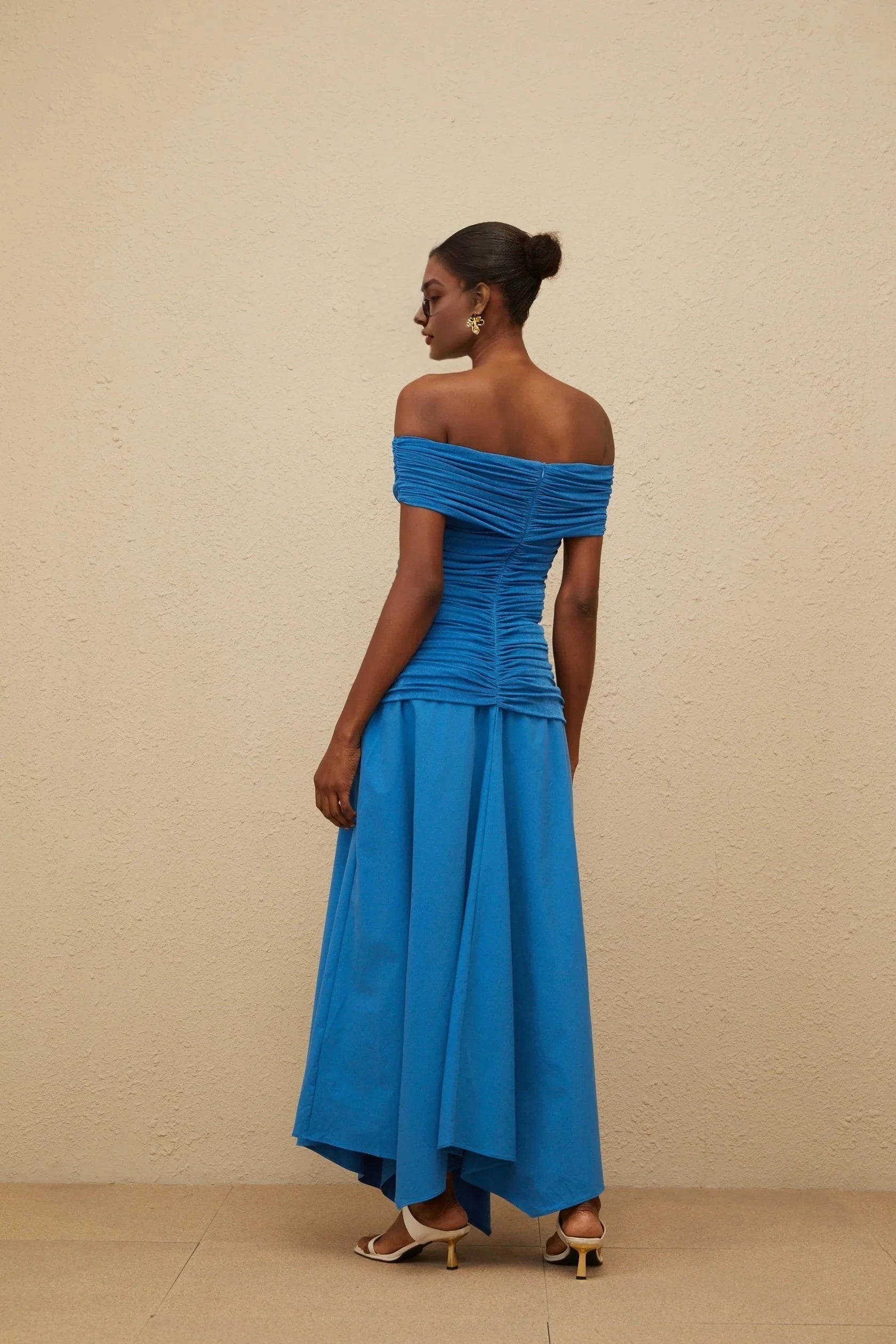 Blue Off - Shoulder Ruched Maxi Dress with Asymmetric Hem Blue Off-Shoulder Ruched Maxi Dress Evening Dress by YiHuiw