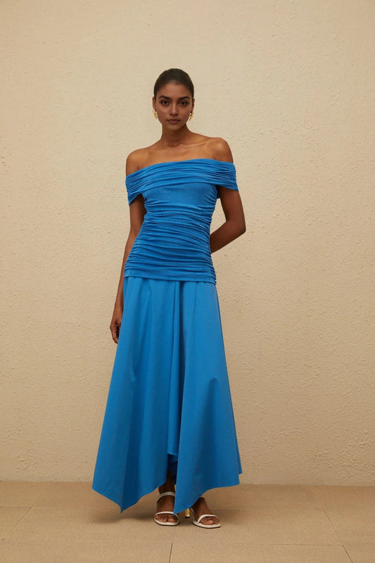 Blue Off - Shoulder Ruched Maxi Dress with Asymmetric Hem Blue Off-Shoulder Ruched Maxi Dress Evening Dress by YiHuiw