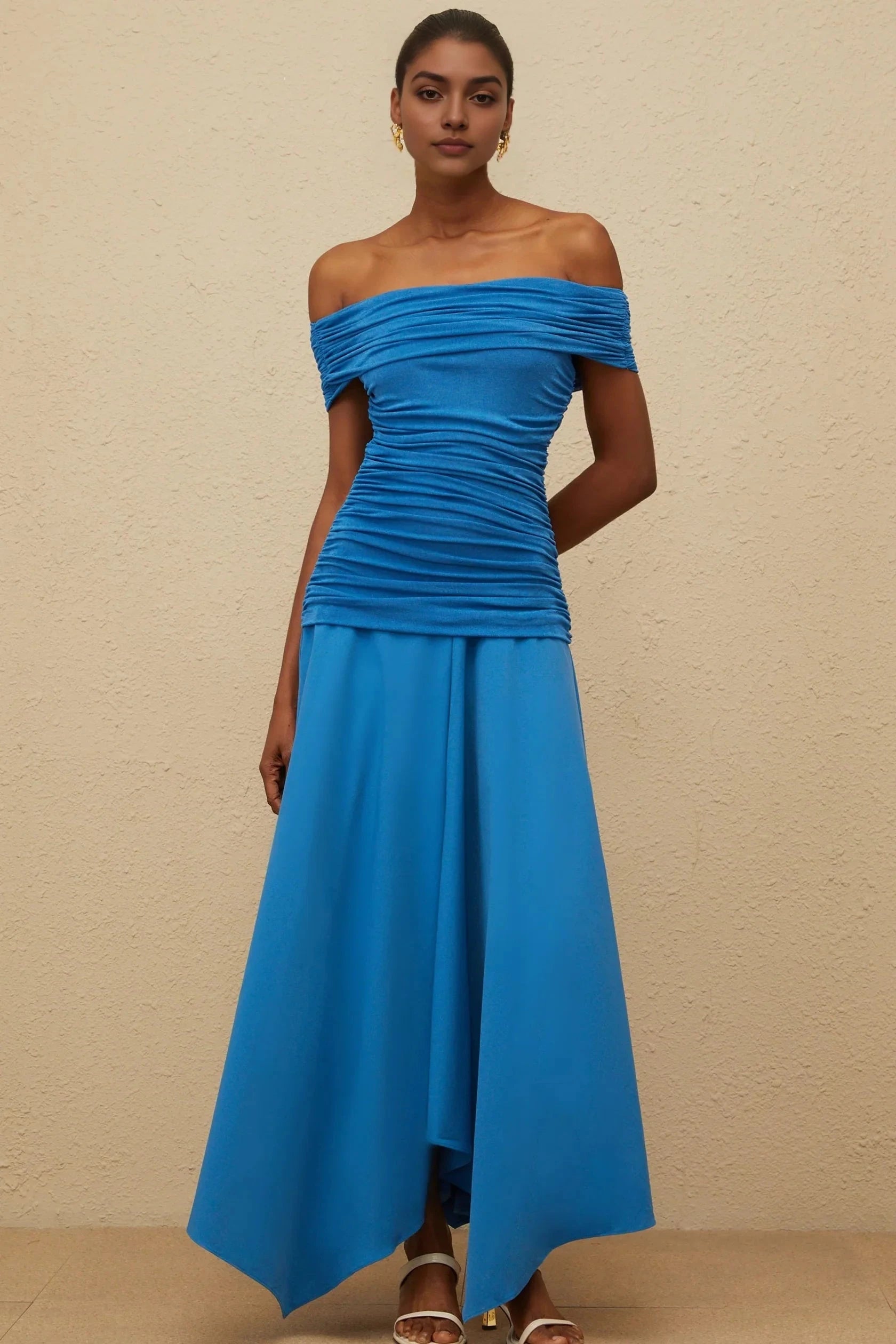 Blue Off - Shoulder Ruched Maxi Dress with Asymmetric Hem Blue Off-Shoulder Ruched Maxi Dress Evening Dress by YiHuiw