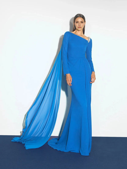 Blue One-Shoulder Maxi Dress with Cape and Beading Mermaid evening dress with long sleeves in georgette Mother of the Bride Dresses by YiHuiw