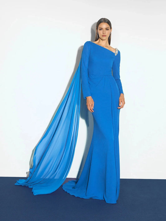 Blue One-Shoulder Maxi Dress with Cape and Beading Mermaid evening dress with long sleeves in georgette Mother of the Bride Dresses by YiHuiw