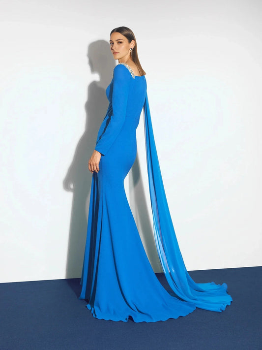 Blue One-Shoulder Maxi Dress with Cape and Beading Mermaid evening dress with long sleeves in georgette Mother of the Bride Dresses by YiHuiw