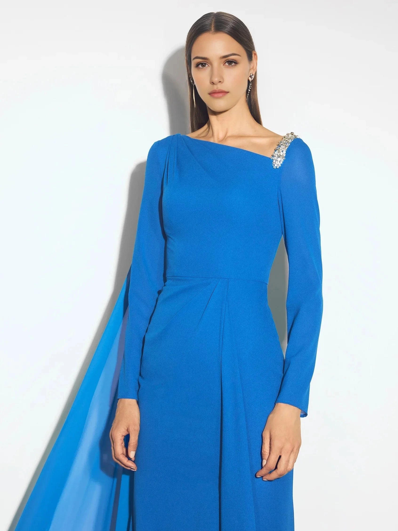 Blue One-Shoulder Maxi Dress with Cape and Beading Mermaid evening dress with long sleeves in georgette Mother of the Bride Dresses by YiHuiw
