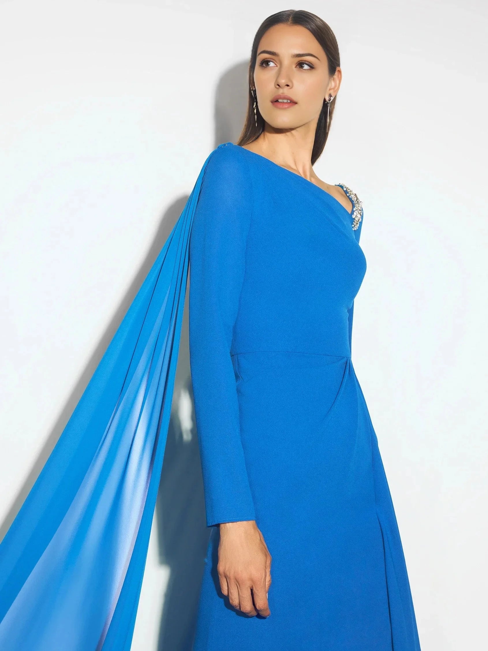 Blue One-Shoulder Maxi Dress with Cape and Beading Mermaid evening dress with long sleeves in georgette Mother of the Bride Dresses by YiHuiw