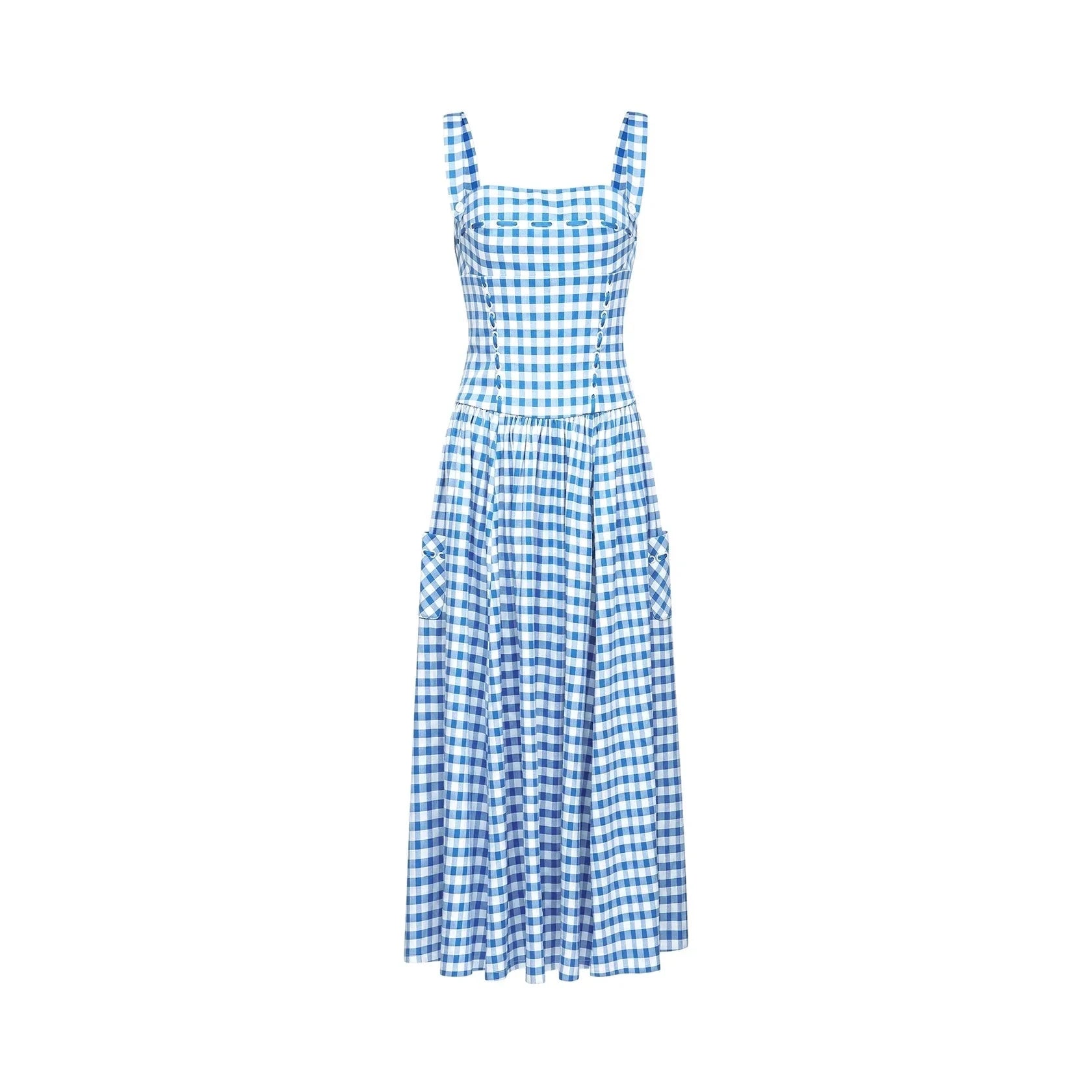 Blue and White Gingham Strappy Midi Dress gingham midi dress Evening Dress by YiHuiw