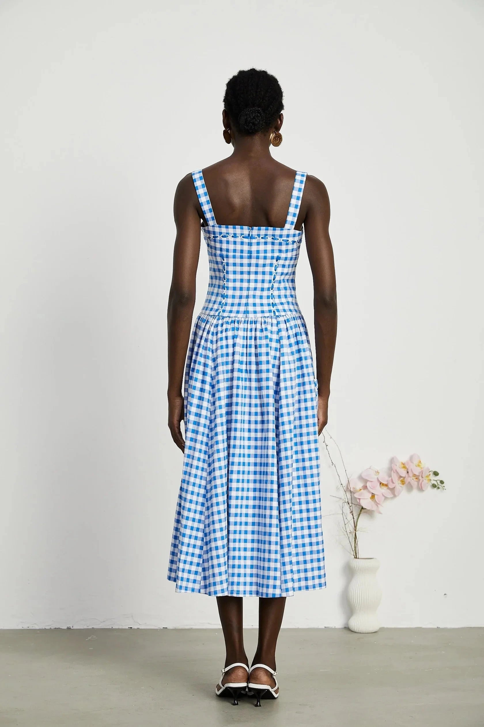 Blue and White Gingham Strappy Midi Dress gingham midi dress Evening Dress by YiHuiw