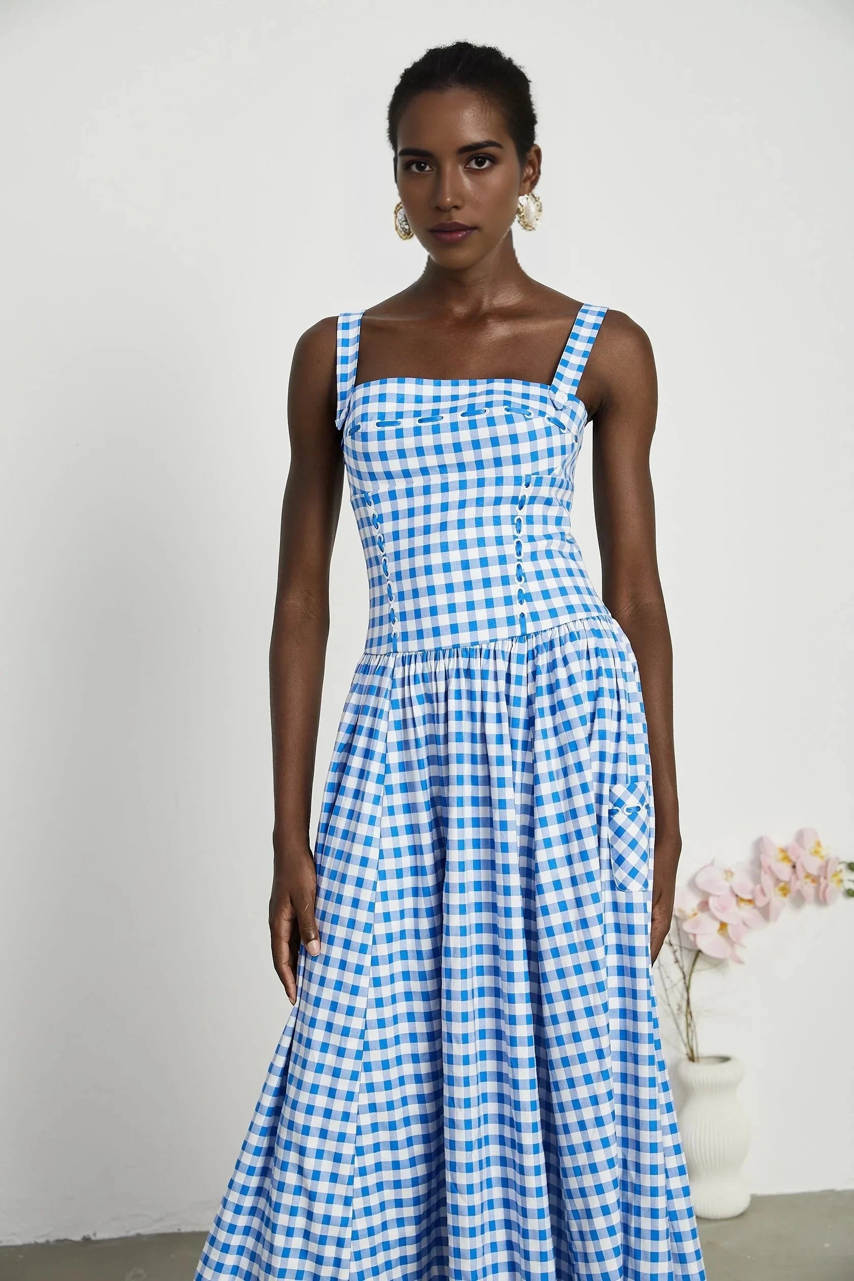 Blue and White Gingham Strappy Midi Dress gingham midi dress Evening Dress by YiHuiw