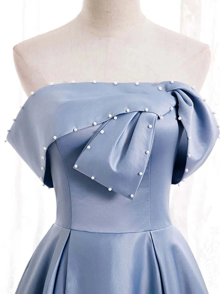Blue Satin A-line Off-the-Shoulder Beaded Prom Dresses evening party dress simple gentle atmospheric and unique desi Bring summer colors to enhance whiteness by YiHuiw