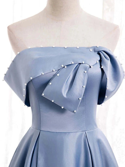 Blue Satin A-line Off-the-Shoulder Beaded Prom Dresses evening party dress simple gentle atmospheric and unique desi Bring summer colors to enhance whiteness by YiHuiw