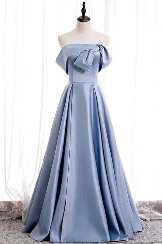 Blue Satin A-line Off-the-Shoulder Beaded Prom Dresses evening party dress simple gentle atmospheric and unique desi Bring summer colors to enhance whiteness by YiHuiw