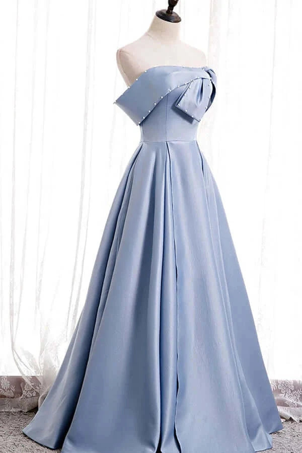 Blue Satin A-line Off-the-Shoulder Beaded Prom Dresses evening party dress simple gentle atmospheric and unique desi Bring summer colors to enhance whiteness by YiHuiw