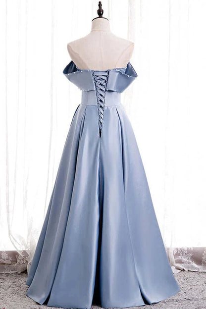 Blue Satin A-line Off-the-Shoulder Beaded Prom Dresses evening party dress simple gentle atmospheric and unique desi Bring summer colors to enhance whiteness by YiHuiw