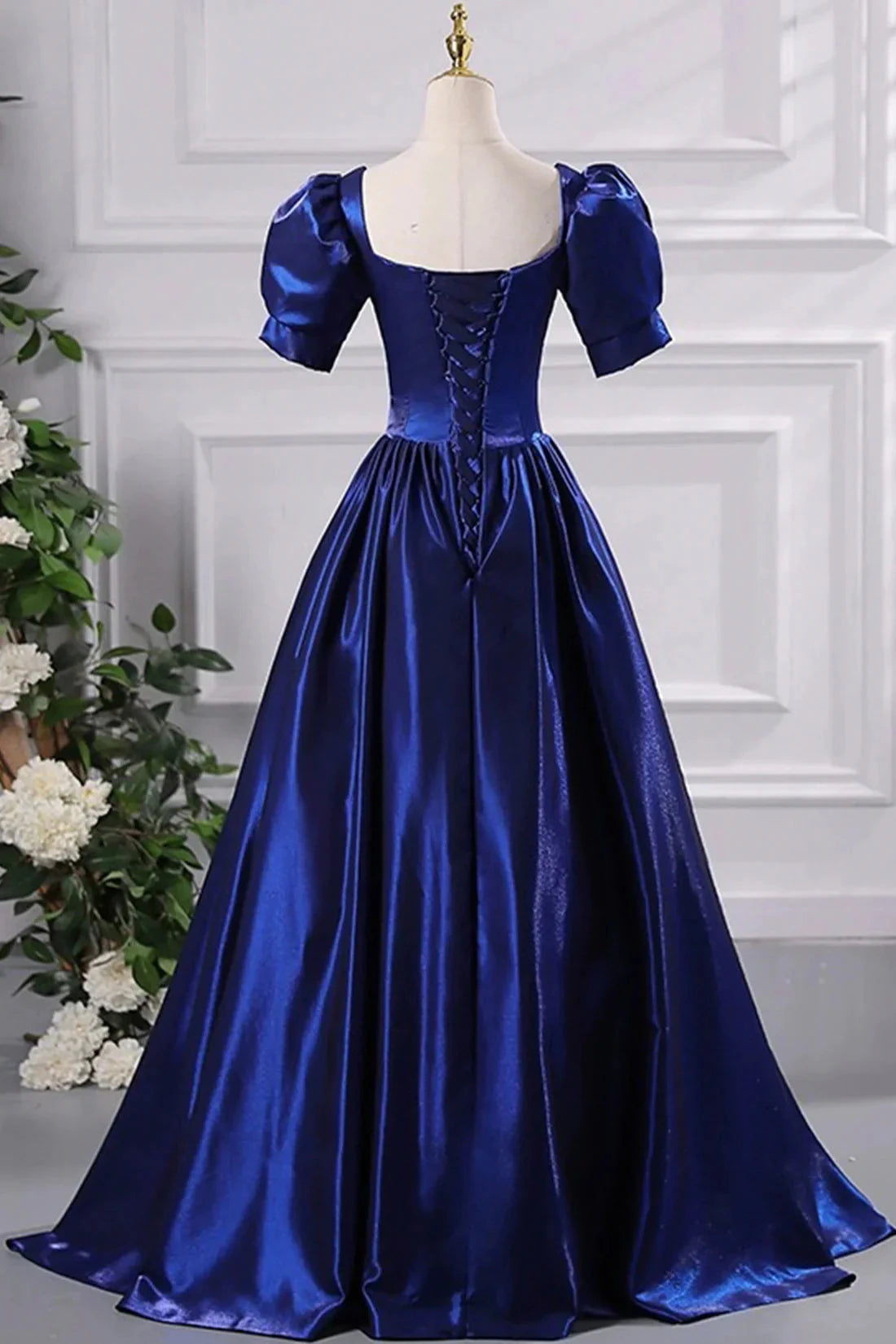 Blue Satin Floor Length Prom Dress A-Line Short Sleeve Backless Evening Party Dress simple gentle atmospheric and unique desi Bring summer by YiHuiw