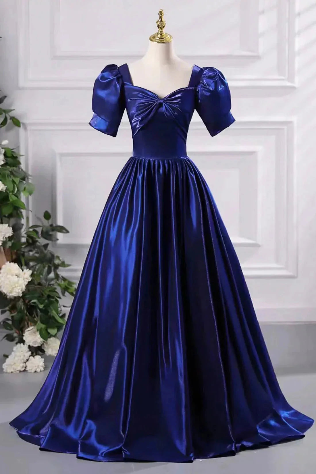 Blue Satin Floor Length Prom Dress A-Line Short Sleeve Backless Evening Party Dress simple gentle atmospheric and unique desi Bring summer by YiHuiw