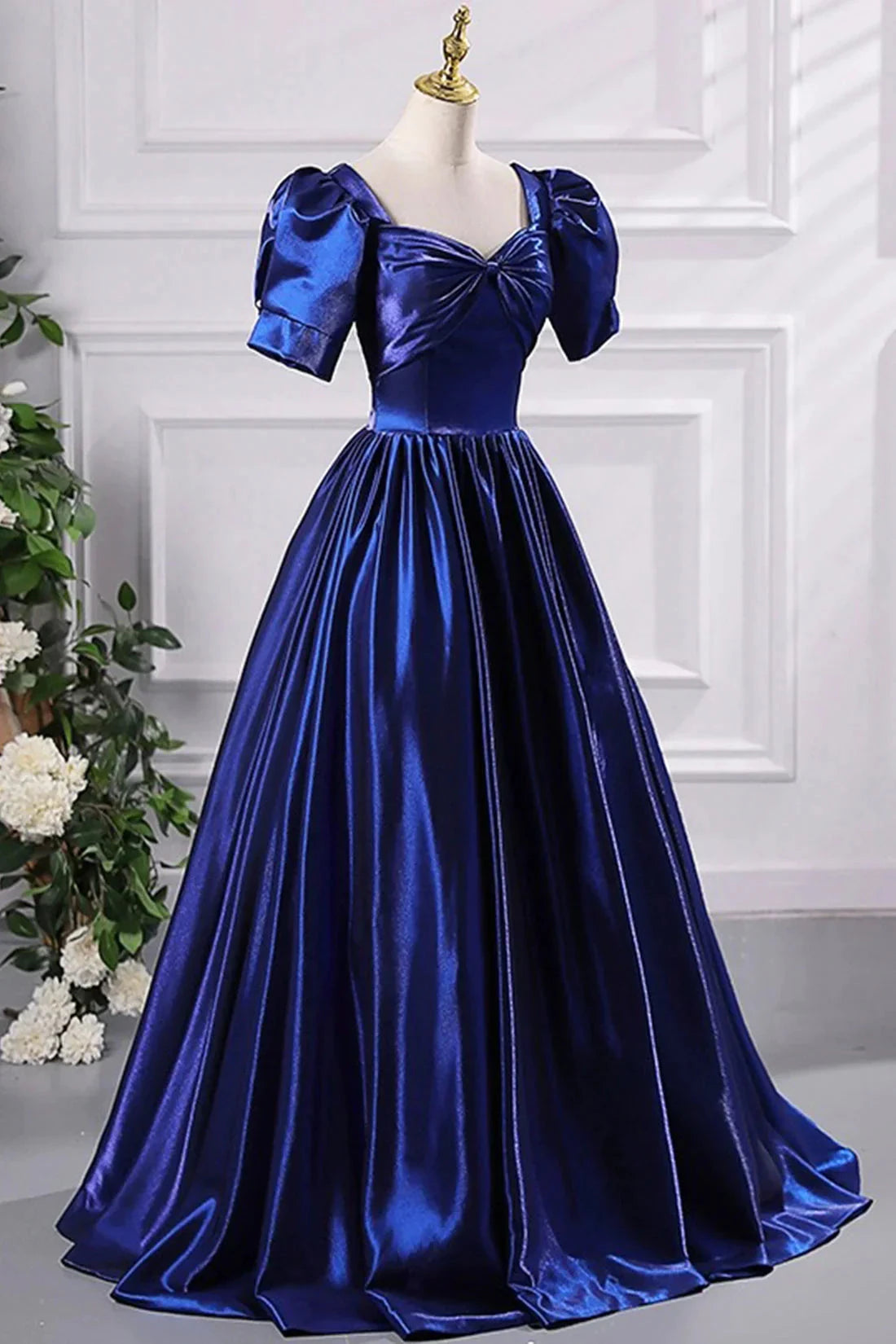 Blue Satin Floor Length Prom Dress A-Line Short Sleeve Backless Evening Party Dress simple gentle atmospheric and unique desi Bring summer by YiHuiw