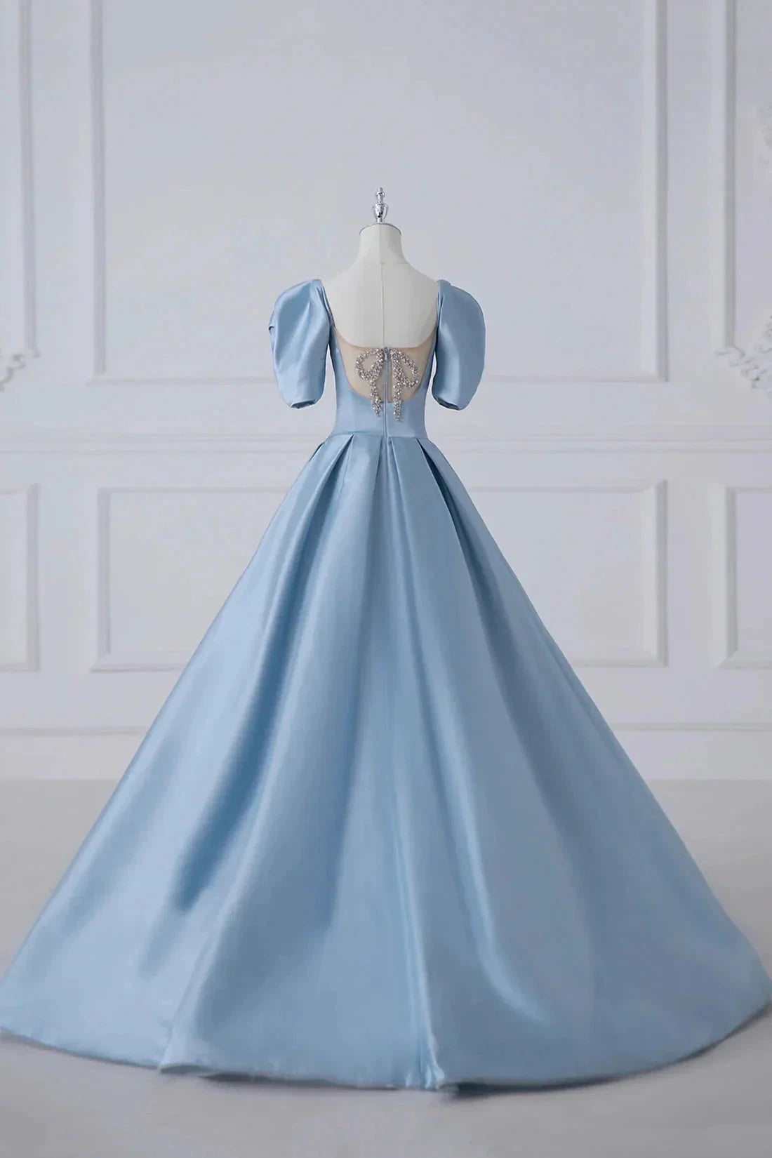 Blue Satin Long A-Line Prom Dress Beautiful A-Line Short Sleeve Evening Dress simple gentle atmospheric and unique desi Bring summer colors to enhance white by YiHuiw