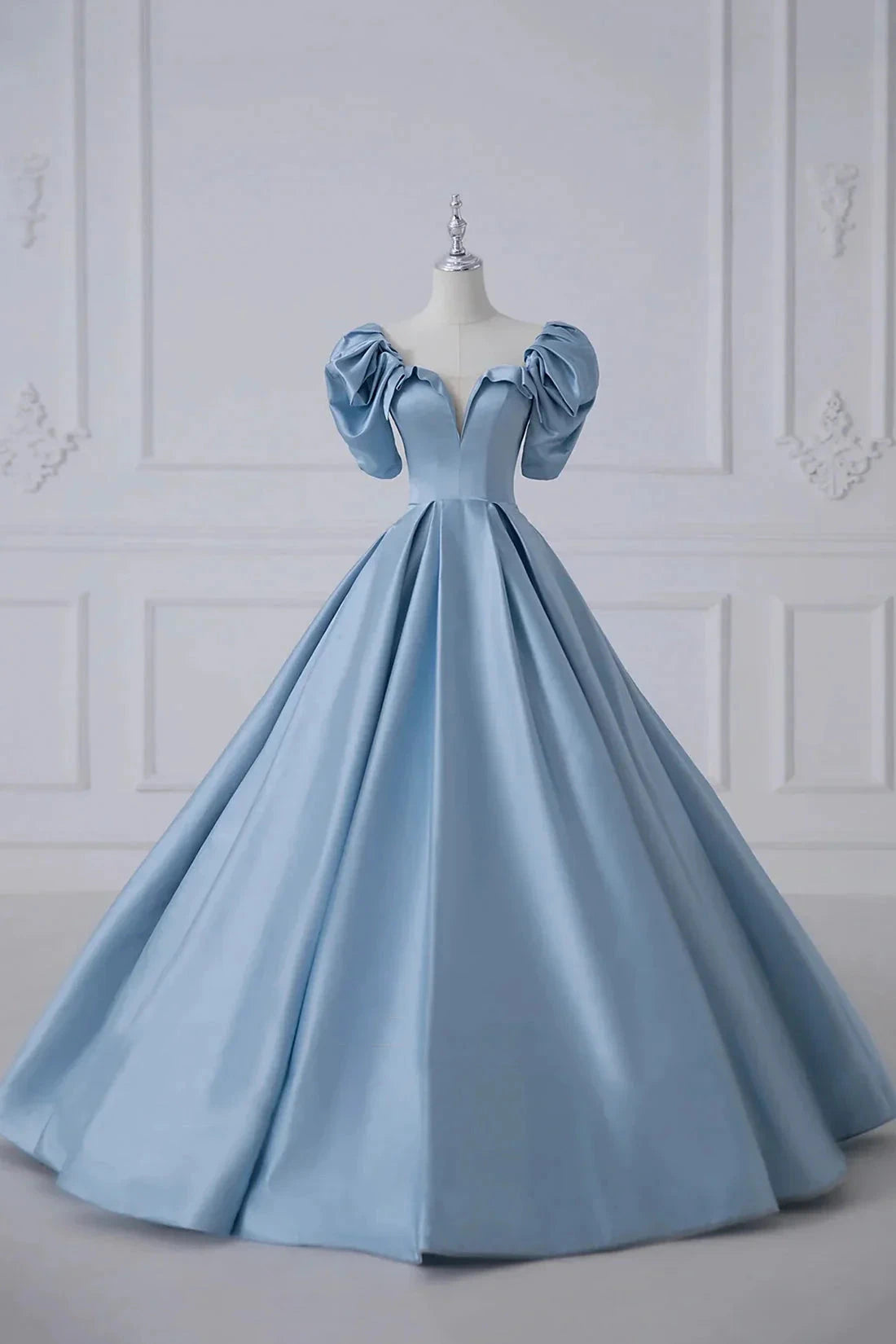 Blue Satin Long A-Line Prom Dress Beautiful A-Line Short Sleeve Evening Dress simple gentle atmospheric and unique desi Bring summer colors to enhance white by YiHuiw