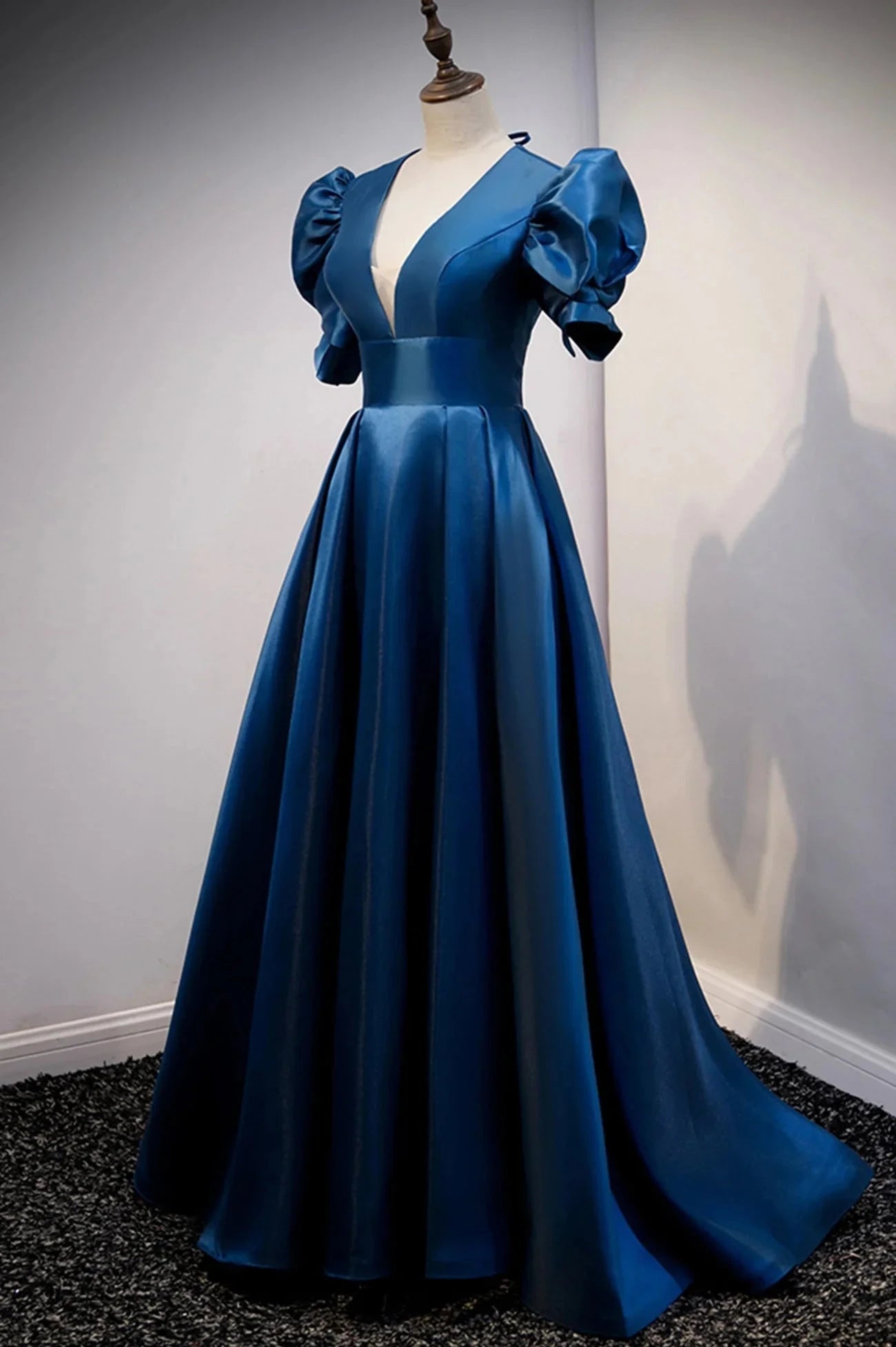 Blue Satin Long A-Line Prom Dress Elegant Short Sleeve Party Dress simple gentle atmospheric and unique desi Bring summer colors to enhance whitenes by YiHuiw