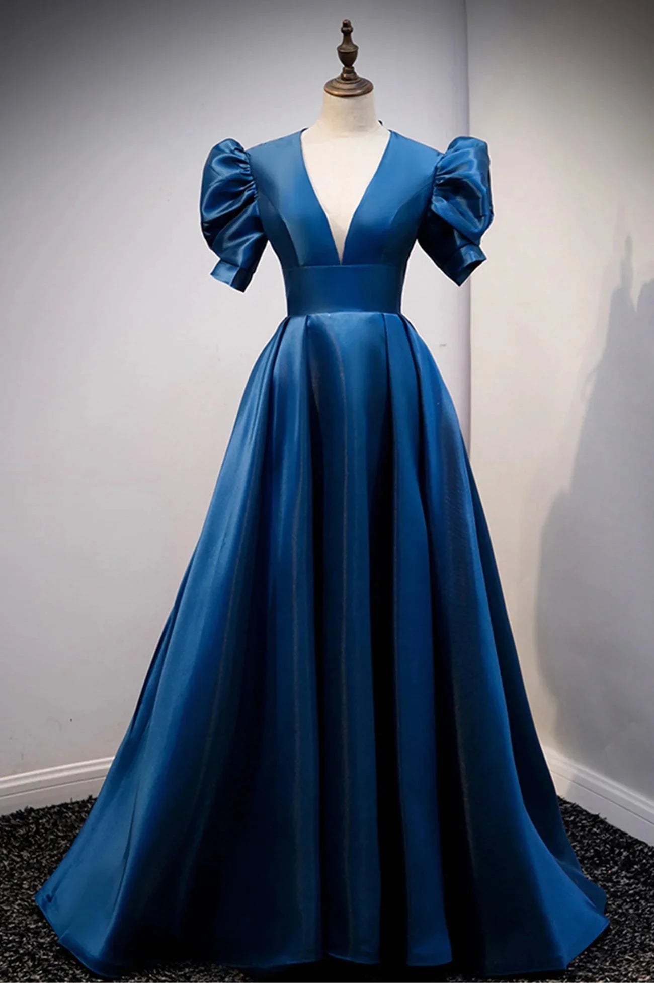 Blue Satin Long A-Line Prom Dress Elegant Short Sleeve Party Dress simple gentle atmospheric and unique desi Bring summer colors to enhance whitenes by YiHuiw