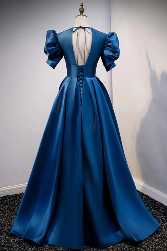 Blue Satin Long A-Line Prom Dress Elegant Short Sleeve Party Dress simple gentle atmospheric and unique desi Bring summer colors to enhance whitenes by YiHuiw