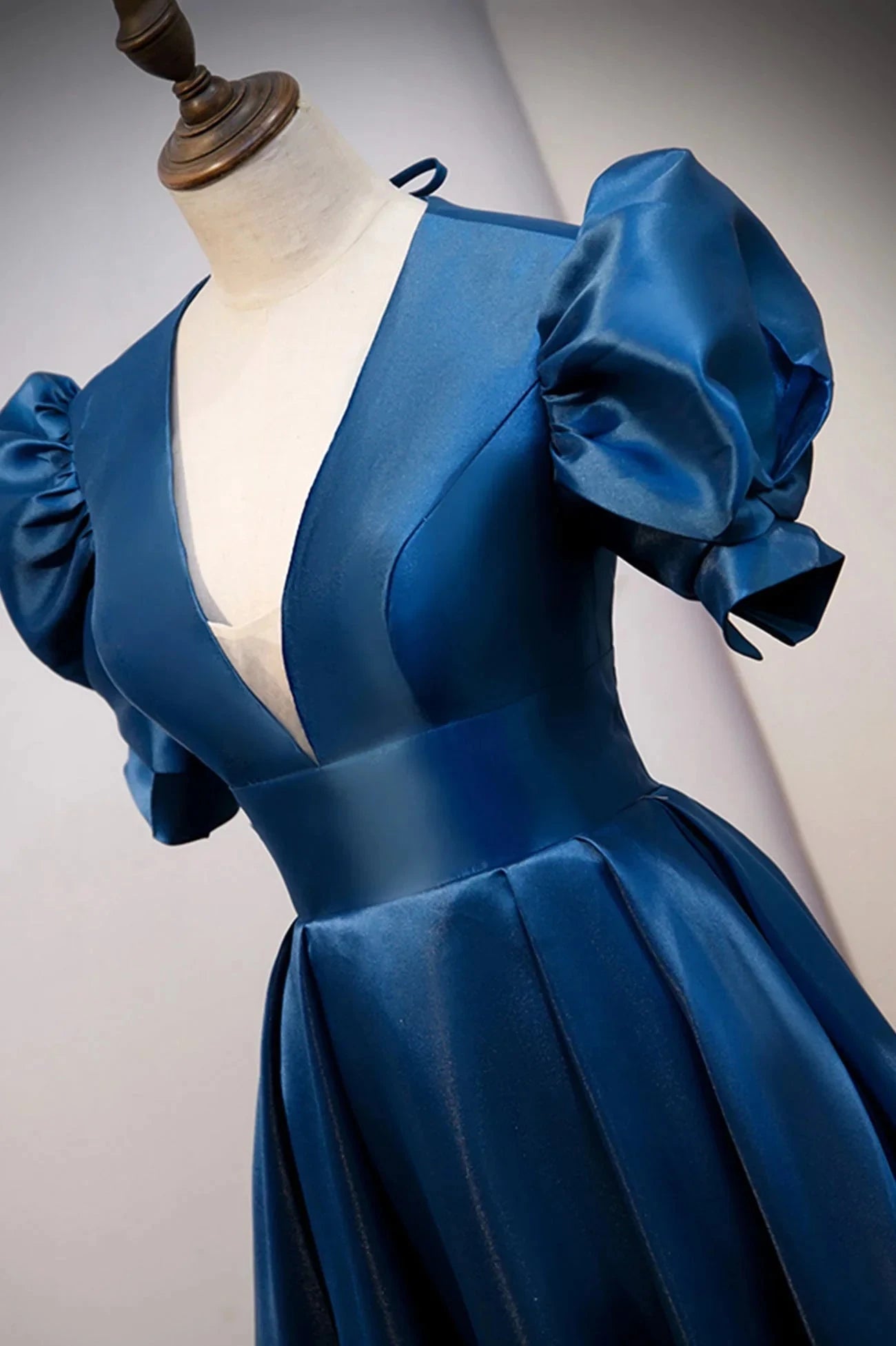 Blue Satin Long A-Line Prom Dress Elegant Short Sleeve Party Dress simple gentle atmospheric and unique desi Bring summer colors to enhance whitenes by YiHuiw