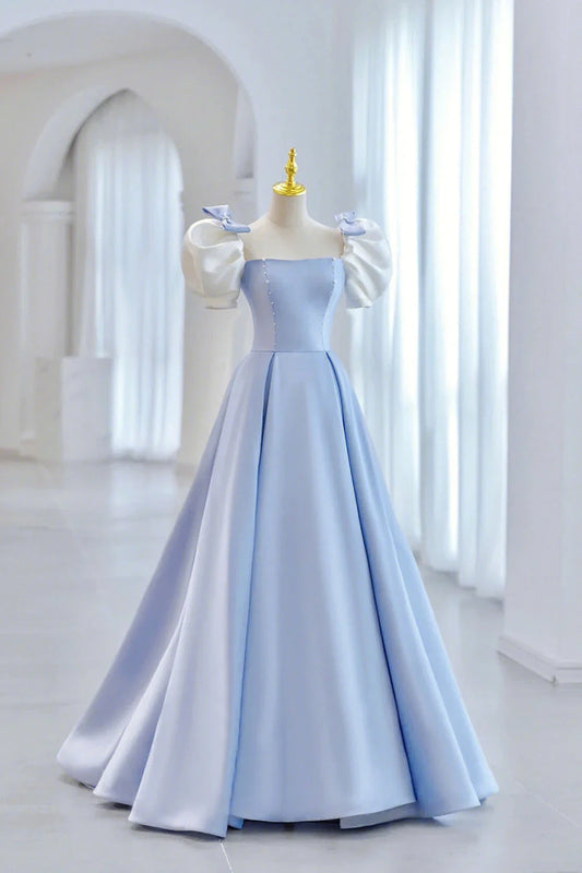 Blue Satin Long A-Line Prom Dress Lovely Short Sleeve Formal Evening Dress simple gentle atmospheric and unique desi Bring summer colors to enhance white by YiHuiw
