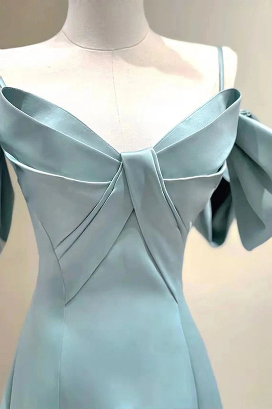 Blue Satin Long A-Line Prom Dress Unique Spaghetti Straps Evening Dress simple gentle atmospheric and unique desi Bring summer colors to enhance whitenes by YiHuiw
