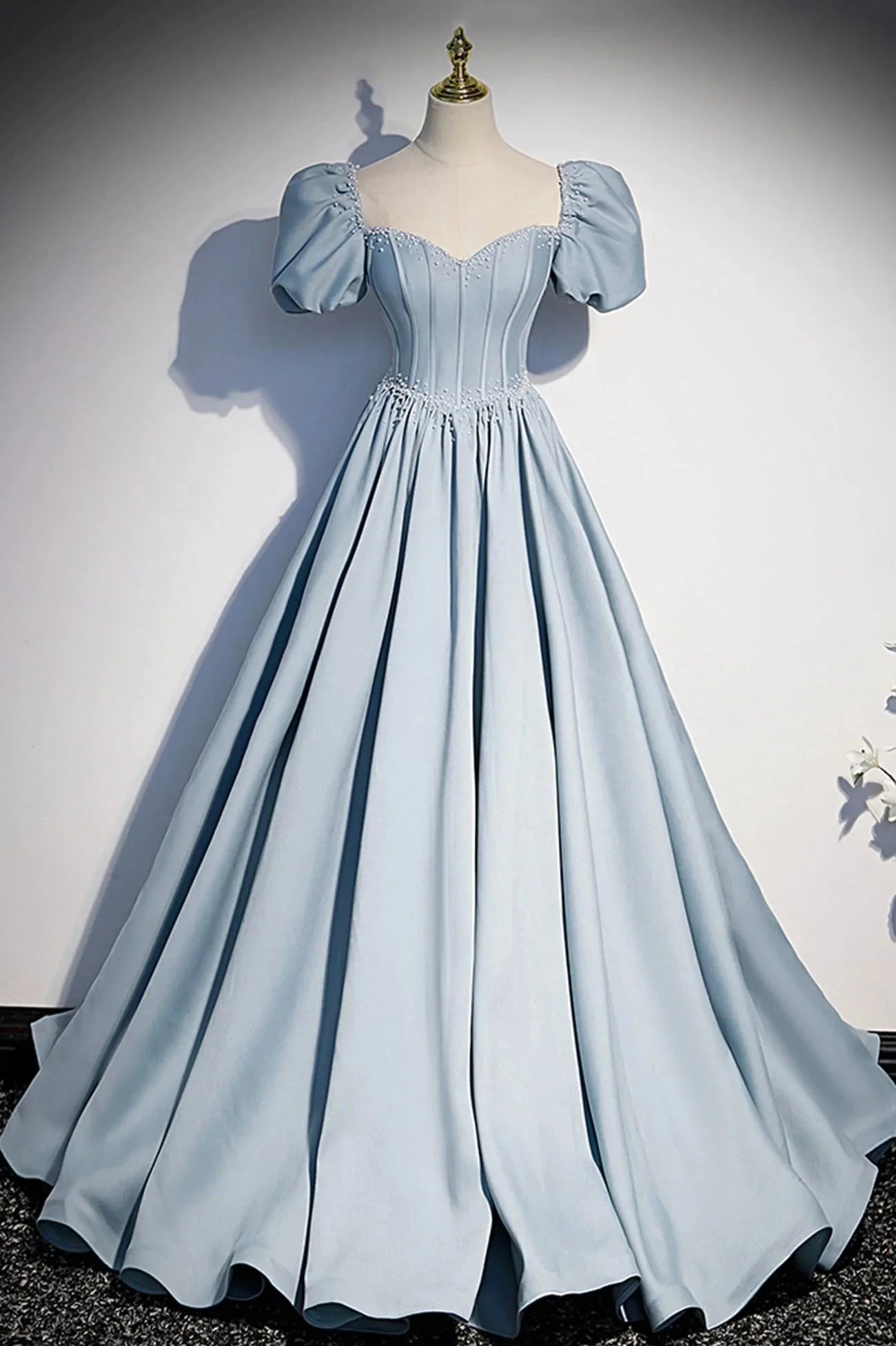 Blue Satin Long A-Line Prom Dress with Pearls Cute Short Sleeve Evening Dress simple gentle atmospheric and unique desi Bring summer colors to enhance whitenes by YiHuiw