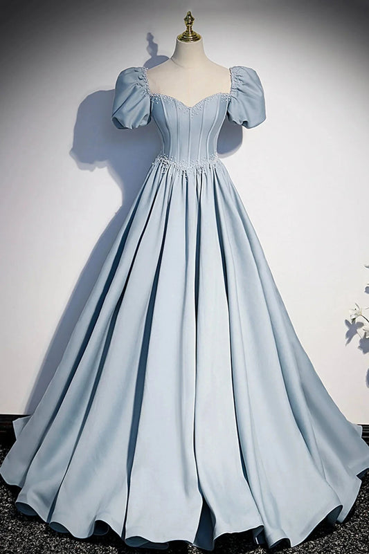 Blue Satin Long A-Line Prom Dress with Pearls Cute Short Sleeve Evening Dress simple gentle atmospheric and unique desi Bring summer colors to enhance whitenes by YiHuiw