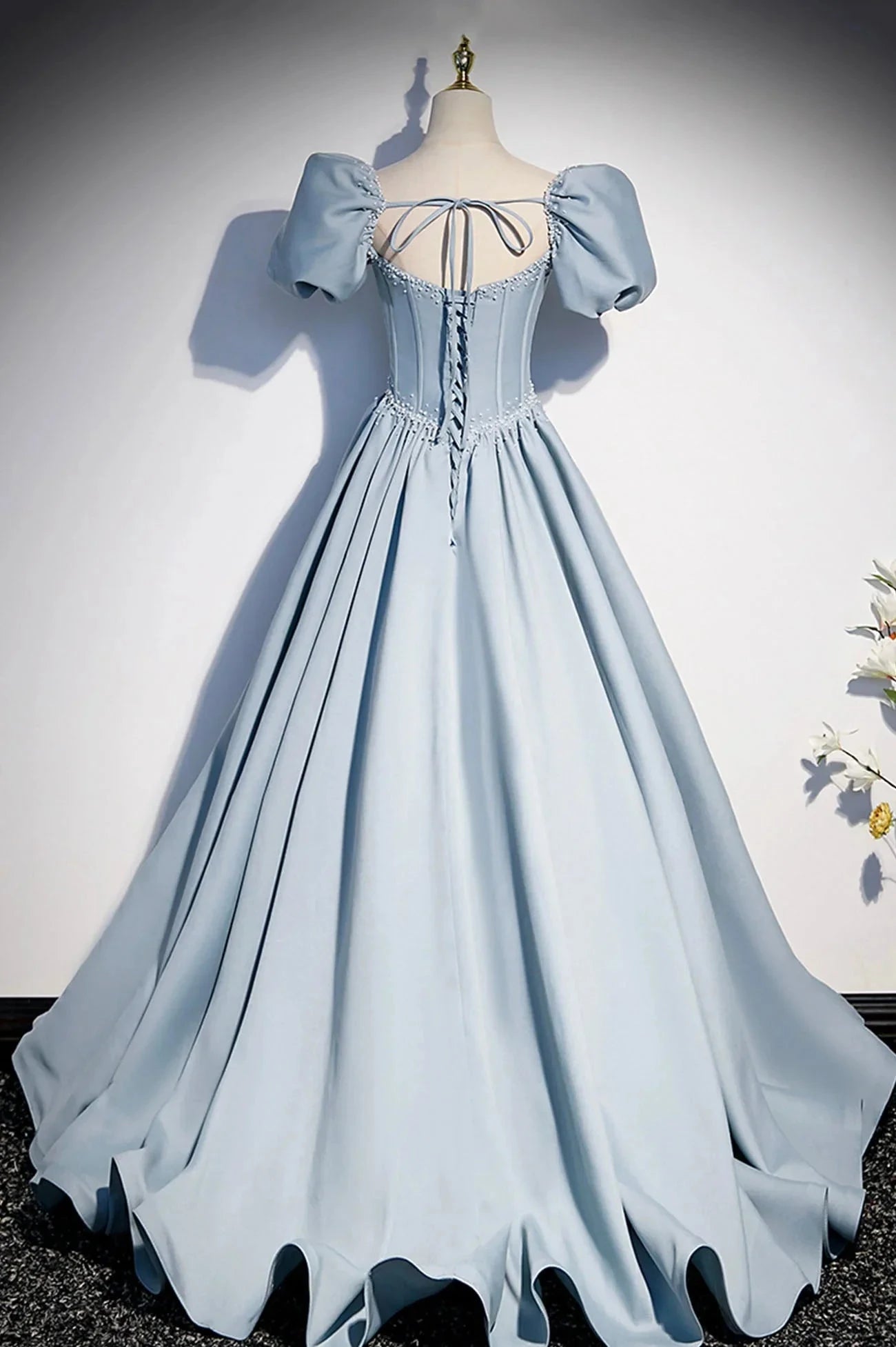 Blue Satin Long A-Line Prom Dress with Pearls Cute Short Sleeve Evening Dress simple gentle atmospheric and unique desi Bring summer colors to enhance whitenes by YiHuiw