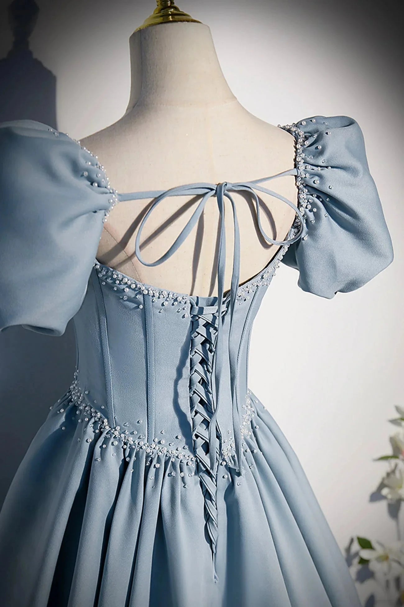 Blue Satin Long A-Line Prom Dress with Pearls Cute Short Sleeve Evening Dress simple gentle atmospheric and unique desi Bring summer colors to enhance whitenes by YiHuiw
