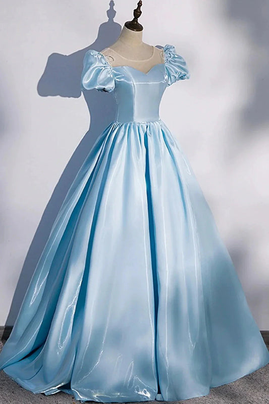 Blue Satin Long Prom Dress Blue A-Line Scoop Neckline Short Sleeve Evening Dress simple gentle atmospheric and unique desi Bring summer colors to enhance white by YiHuiw